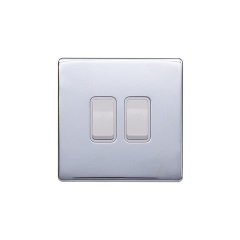 Screwless Polished Chrome - White Trim - Raised Plate Screwless Raised - Polished Chrome 10A 2 Gang 2 Way Light Switch - White Trim