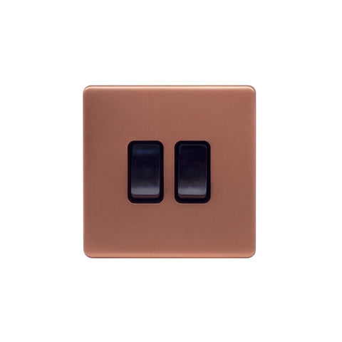 Screwless Raised - Brushed Copper 10A 2 Gang 2 Way Light Switch - Black Trim - SE Home
