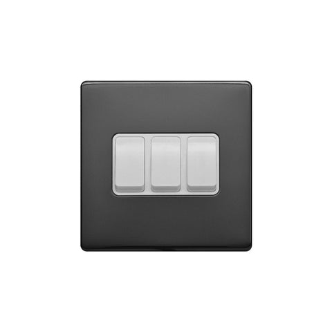 Screwless Black Nickel - White Trim - Raised Plate Screwless Raised - Black Nickel 10A 3 Gang 2 Way Light Switch - White Trim