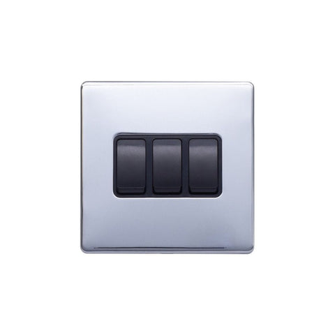 Screwless Polished Chrome - Black Trim - Raised Plate Screwless Raised - Polished Chrome 10A 3 Gang 2 Way Light Switch - Black Trim