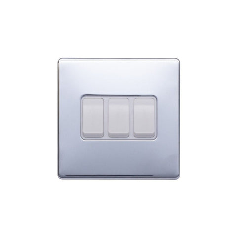 Screwless Polished Chrome - White Trim - Raised Plate Screwless Raised - Polished Chrome 10A 3 Gang 2 Way Light Switch - White Trim