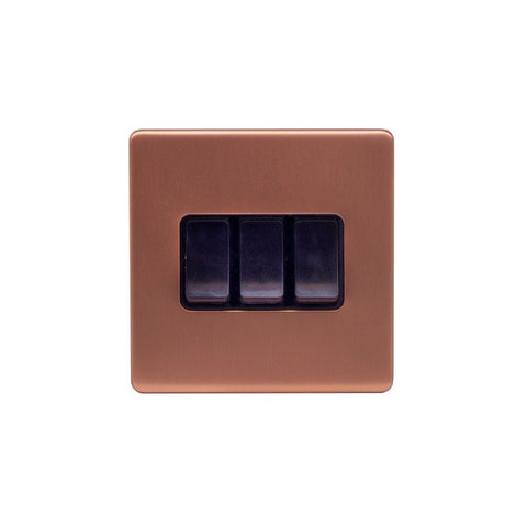 Screwless Raised - Brushed Copper 10A 3 Gang 2 Way Light Switch - Black Trim - SE Home