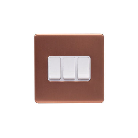 Screwless Brushed Copper - White Trim - Raised Plate Screwless Raised - Brushed Copper 10A 3 Gang 2 Way Light Switch - White Trim