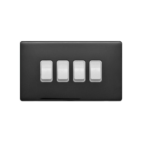 Screwless Black Nickel - White Trim - Raised Plate Screwless Raised - Black Nickel 10A 4 Gang 2 Way Light Switch - White Trim