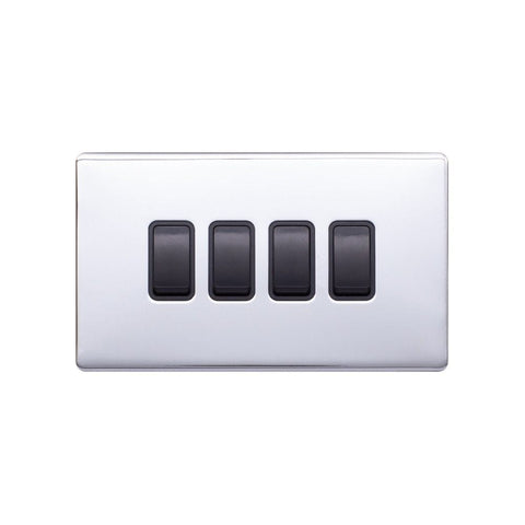 Screwless Raised - Polished Chrome 10A 4 Gang 2 Way Light Switch - Black Trim - SE Home