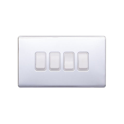 Screwless Polished Chrome - White Trim - Raised Plate Screwless Raised - Polished Chrome 10A 4 Gang 2 Way Light Switch - White Trim