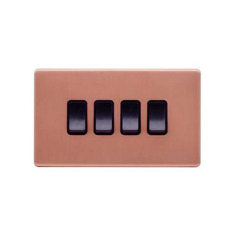 Screwless Raised - Brushed Copper 10A 4 Gang 2 Way Light Switch - Black Trim - SE Home
