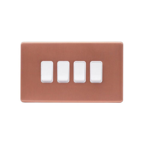 Screwless Raised - Brushed Copper 10A 4 Gang 2 Way Light Switch - White Trim - SE Home