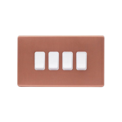 Screwless Brushed Copper - White Trim - Raised Plate Screwless Raised - Brushed Copper 10A 4 Gang 2 Way Light Switch - White Trim