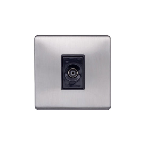 Screwless Brushed Chrome - Black Trim - Raised Plate Screwless Raised - Brushed Chrome 1 Gang TV Socket - Black Trim