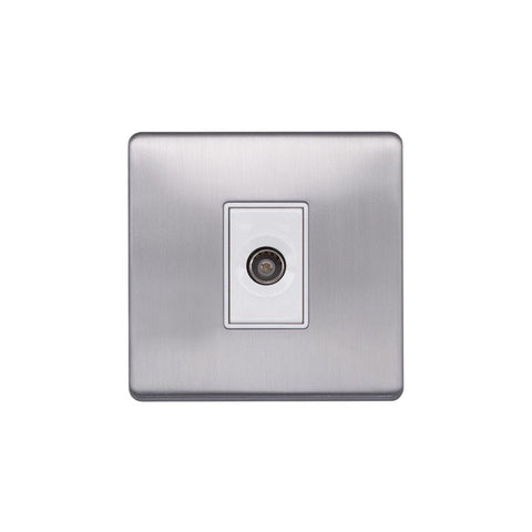 Screwless Brushed Chrome - White Trim - Raised Plate Screwless Raised - Brushed Chrome 1 Gang TV Socket - White Trim