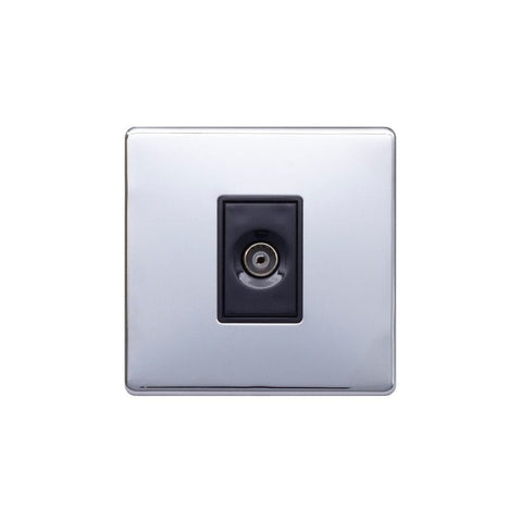 Screwless Polished Chrome - Black Trim - Raised Plate Screwless Raised - Polished Chrome 1 Gang TV Socket - Black Trim