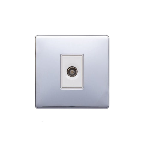 Screwless Polished Chrome - White Trim - Raised Plate Screwless Raised - Polished Chrome 1 Gang TV Socket - White Trim