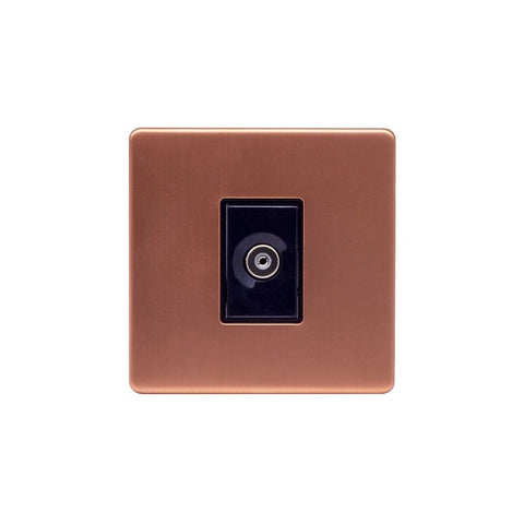 Screwless Raised - Brushed Copper 1 Gang TV Socket - Black Trim - SE Home