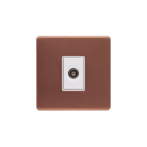 Screwless Brushed Copper - White Trim - Raised Plate Screwless Raised - Brushed Copper 1 Gang TV Socket - White Trim