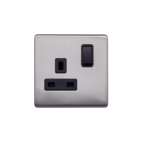 Screwless Brushed Chrome - Black Trim - Raised Plate Screwless Raised - Brushed Chrome 13A 1 Gang Switched Plug Socket, Double Pole - Black Trim