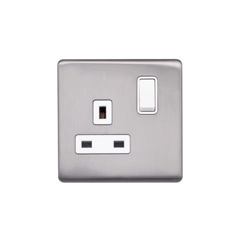 Screwless Brushed Chrome - White Trim - Raised Plate Screwless Raised - Brushed Chrome 13A 1 Gang Switched Plug Socket, Double Pole - White Trim