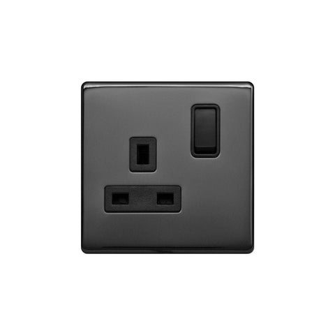 Screwless Black Nickel - Black Trim - Raised Plate Screwless Raised - Black Nickel 13A 1 Gang Switched Plug Socket, Double Pole - Black Trim