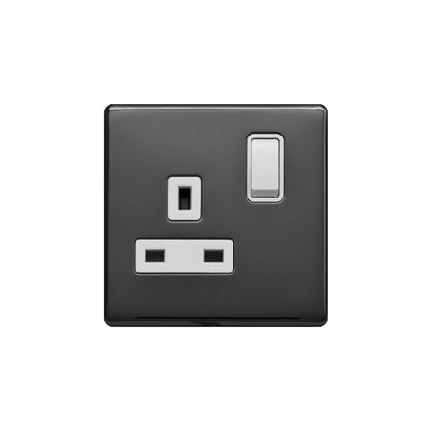 Screwless Black Nickel - White Trim - Raised Plate Screwless Raised - Black Nickel 13A 1 Gang Switched Plug Socket, Double Pole - White Trim