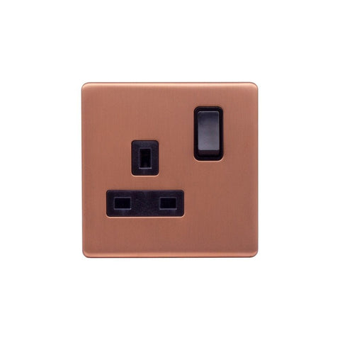 Screwless Raised - Brushed Copper 13A 1 Gang Switched Plug Socket, Double Pole - Black Trim - SE Home