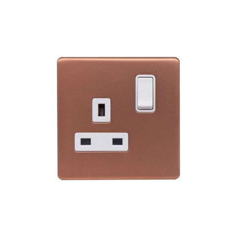 Screwless Brushed Copper - White Trim - Raised Plate Screwless Raised - Brushed Copper 13A 1 Gang Switched Plug Socket, Double Pole - White Trim