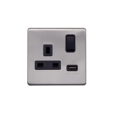 Screwless Brushed Chrome - Black Trim - Raised Plate Screwless Raised - Brushed Chrome 13A 1 Gang Switched Plug Socket (3.1A) USB Outlet - Black Trim