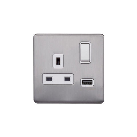 Screwless Brushed Chrome - White Trim - Raised Plate Screwless Raised - Brushed Chrome 13A 1 Gang Switched Plug Socket (3.1A) USB Outlet - White Trim