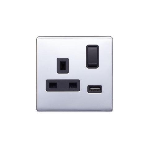 Screwless Raised - Polished Chrome 13A 1 Gang Switched Plug Socket (3.1A) USB Outlet - Black Trim - SE Home