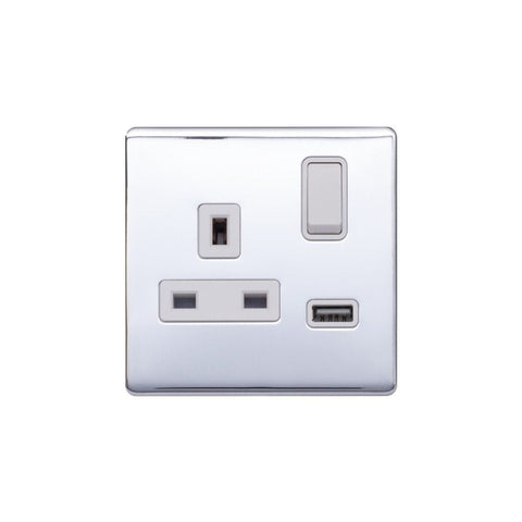 Screwless Polished Chrome - White Trim - Raised Plate Screwless Raised - Polished Chrome 13A 1 Gang Switched Plug Socket (3.1A) USB Outlet - White Trim