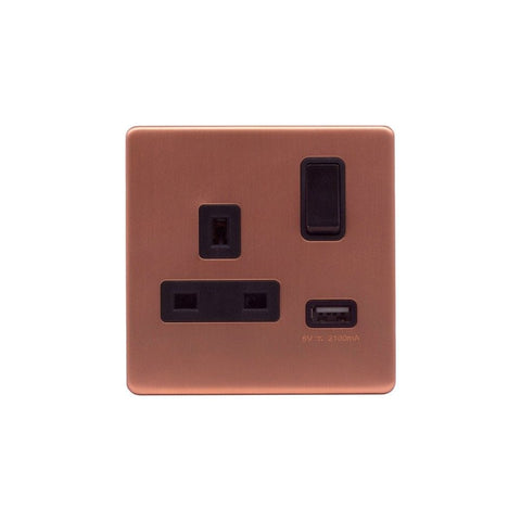 Screwless Raised - Brushed Copper 13A 1 Gang Switched Plug Socket (3.1A) USB Outlet - Black Trim - SE Home