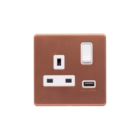 Screwless Brushed Copper - White Trim - Raised Plate Screwless Raised - Brushed Copper 13A 1 Gang Switched Plug Socket (3.1A) USB Outlet - White Trim