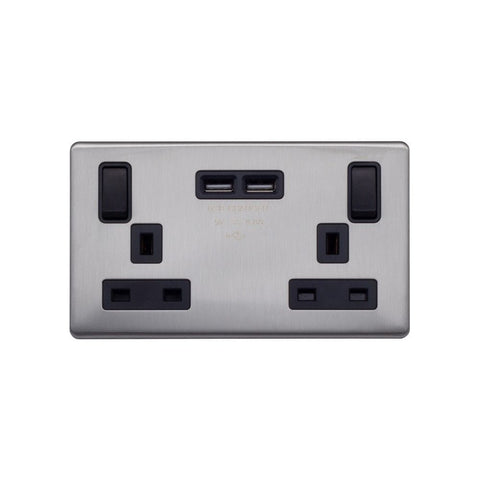 Screwless Brushed Chrome - Black Trim - Raised Plate Screwless Raised - Brushed Chrome 13A 2 Gang Switched DP Socket 2 x USB Outlet (4.8A) - Black Trim