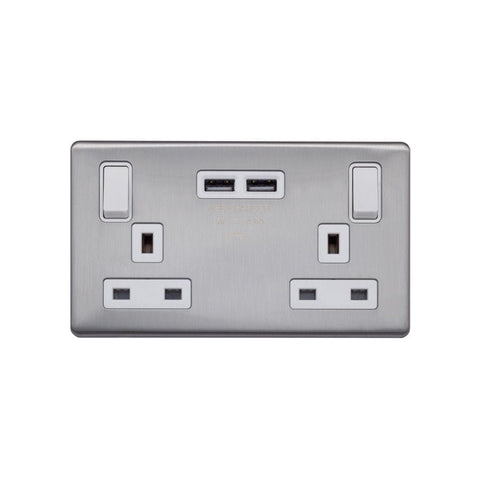 Screwless Brushed Chrome - White Trim - Raised Plate Screwless Raised - Brushed Chrome 13A 2 Gang Switched DP Socket 2 x USB Outlet (4.8A) - White Trim