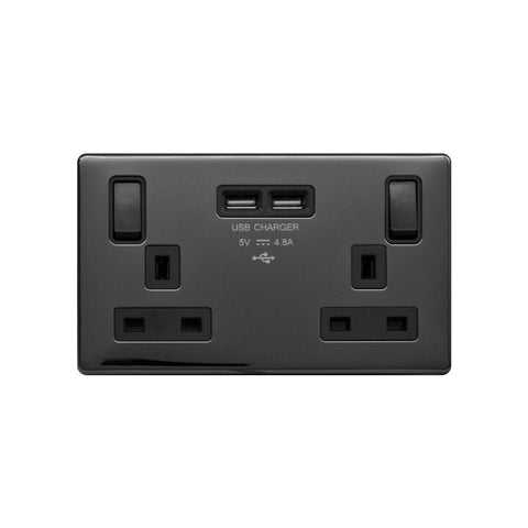 Screwless Black Nickel - Black Trim - Raised Plate Screwless Raised - Black Nickel 13A 2 Gang Switched DP Socket 2xUSB Outlet (4.8A) - Black Trim