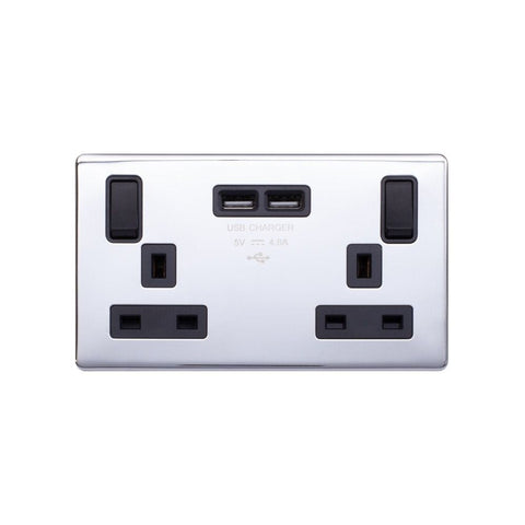 Screwless Polished Chrome - Black Trim - Raised Plate Screwless Raised - Polished Chrome 13A 2 Gang Switched DP Socket 2 x USB Outlet (4.8A) - Black Trim