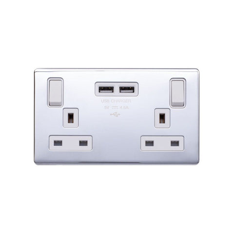 Screwless Polished Chrome - White Trim - Raised Plate Screwless Raised - Polished Chrome 13A 2 Gang Switched DP Socket 2 x USB Outlet (4.8A) - White Trim