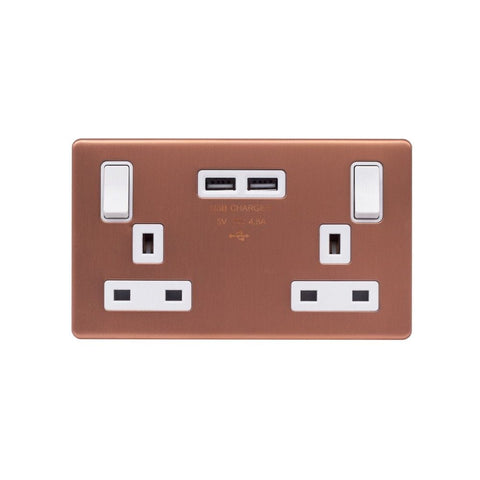 Screwless Brushed Copper - White Trim - Raised Plate Screwless Raised - Brushed Copper 13A 2 Gang Switched DP Socket 2 x USB Outlet (4.8A) - White Trim