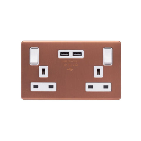 Screwless Raised - Brushed Copper 13A 2 Gang Switched DP Socket 2 x USB Outlet (4.8A) - White Trim - SE Home