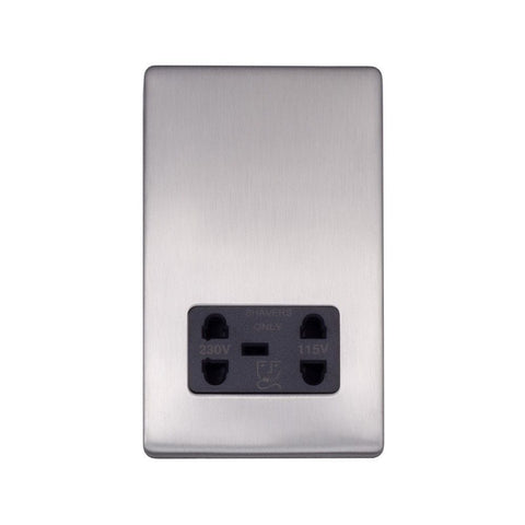 Screwless Brushed Chrome - Black Trim - Raised Plate Screwless Raised - Brushed Chrome Shaver Socket 230/115V Plate - Black Trim