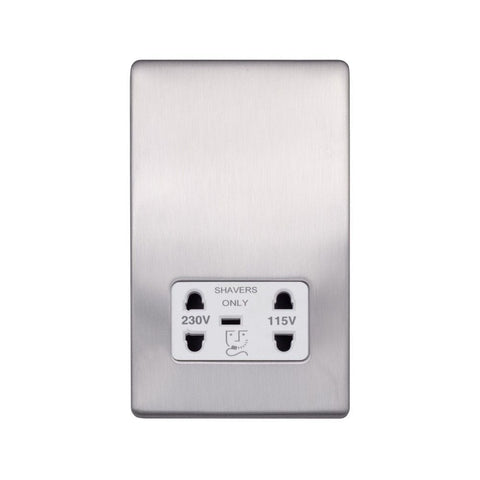 Screwless Brushed Chrome - White Trim - Raised Plate Screwless Raised - Brushed Chrome Shaver Socket 230/115V Plate - White Trim