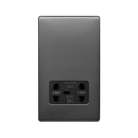 Screwless Raised - Black Nickel Shaver Socket 230/115V Plate - Black Trim - SE Home