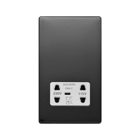 Screwless Raised - Black Nickel Shaver Socket 230/115V Plate - White Trim - SE Home