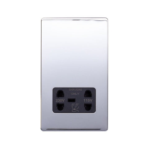 Screwless Raised - Polished Chrome Shaver Socket 230/115V Plate - Black Trim - SE Home