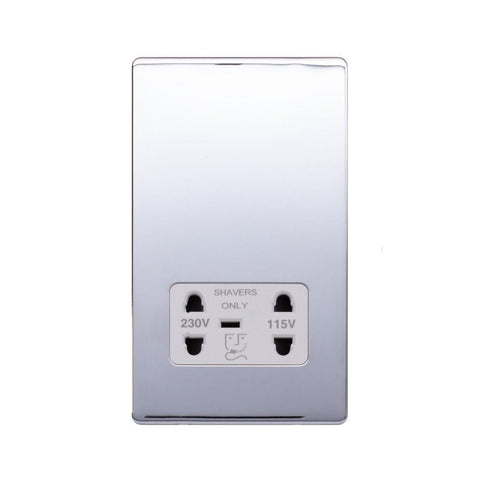 Screwless Polished Chrome - White Trim - Raised Plate Screwless Raised - Polished Chrome Shaver Socket 230/115V Plate - White Trim