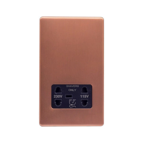 Screwless Raised - Brushed Copper Shaver Socket 230/115V Plate - Black Trim - SE Home