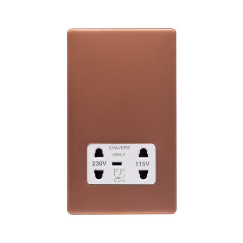 Screwless Raised - Brushed Copper Shaver Socket 230/115V Plate - White Trim - SE Home