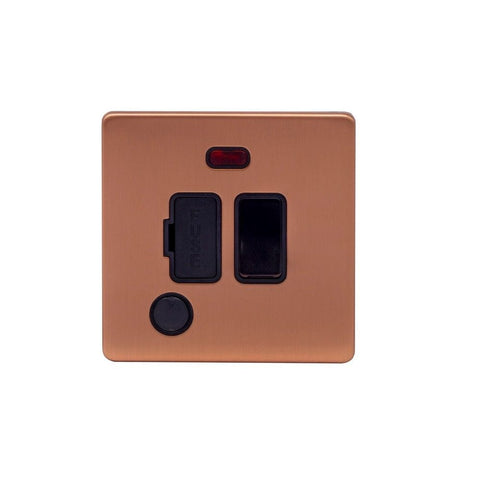 Screwless Brushed Copper - Black Trim - Raised Plate Screwless Raised - Brushed Copper 13A Switched Fuse Connection Unit & Flex Outlet/Neon- Black Trim