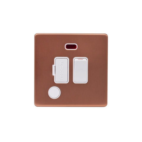 Screwless Brushed Copper - White Trim - Raised Plate Screwless Raised - Brushed Copper 13A Switched Fuse Connection Unit & Flex Outlet/Neon- White Trim