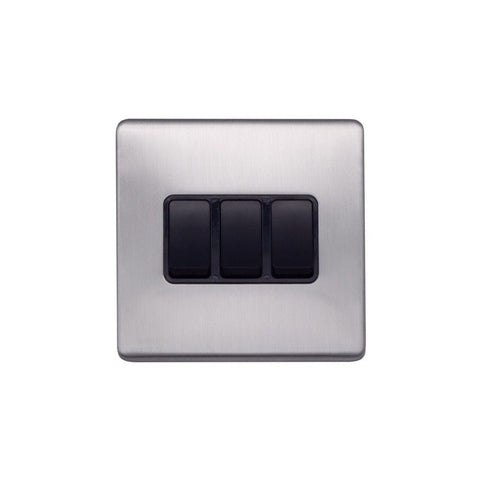 Screwless Raised - Brushed Chrome 10A 3 Gang 2 Way Light Switch - Black Trim - SE Home