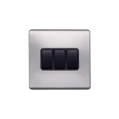 Screwless Brushed Chrome - Black Trim - Raised Plate Screwless Raised - Brushed Chrome 10A 3 Gang 2 Way Light Switch - Black Trim